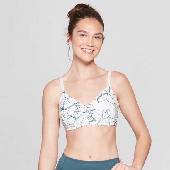JoyLab Ruched White/Blue Floral Print Comfort Twist Back Sports Bra size XS EUC - Picture 1 of 8